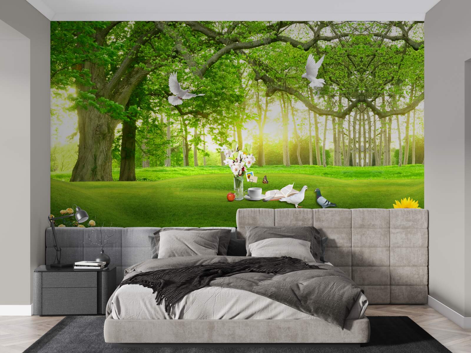 Fotobehang vredig groen gazon bij zonsopgang