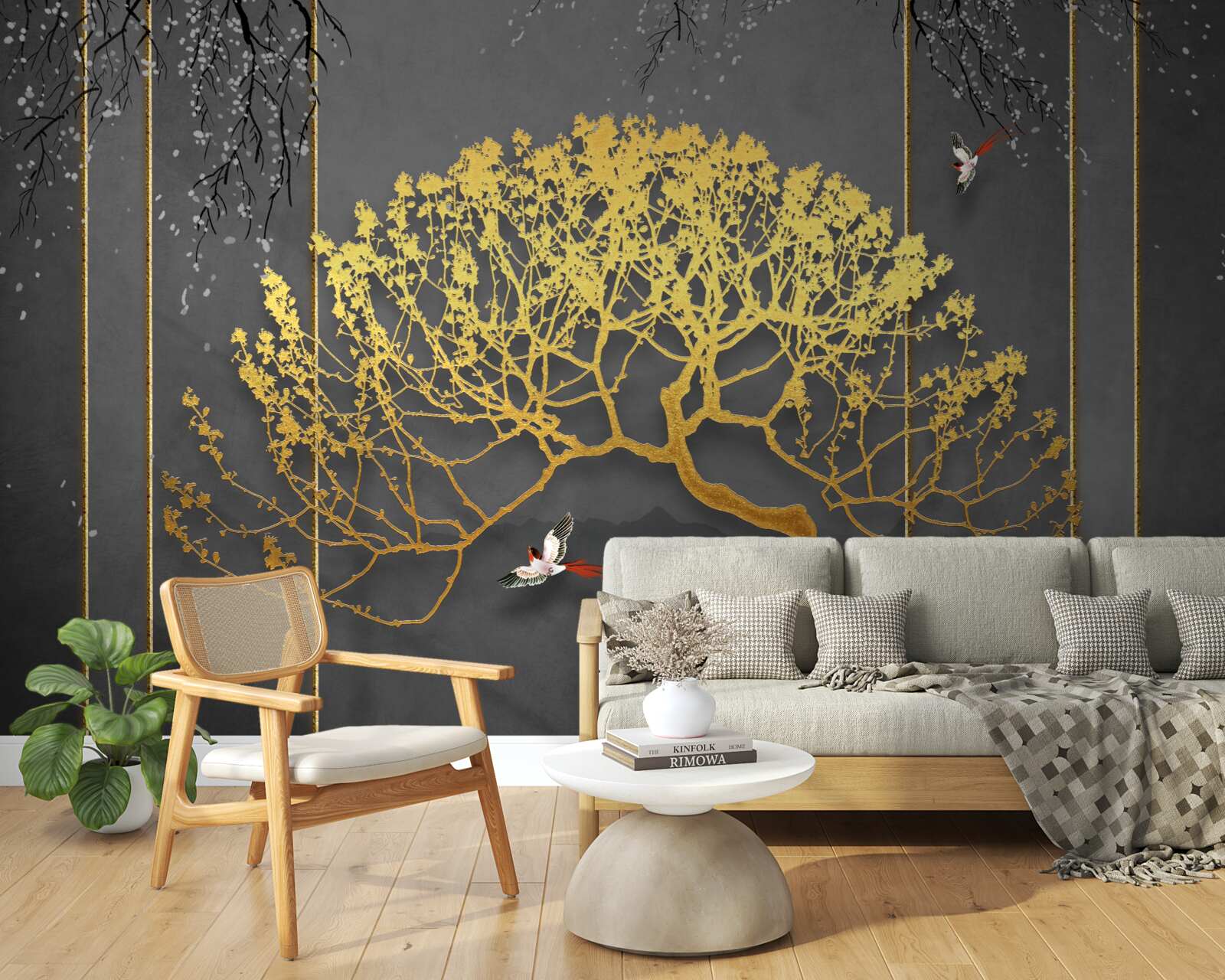 Fotobehang silhouet van een bonsaiboom glimmend in goud