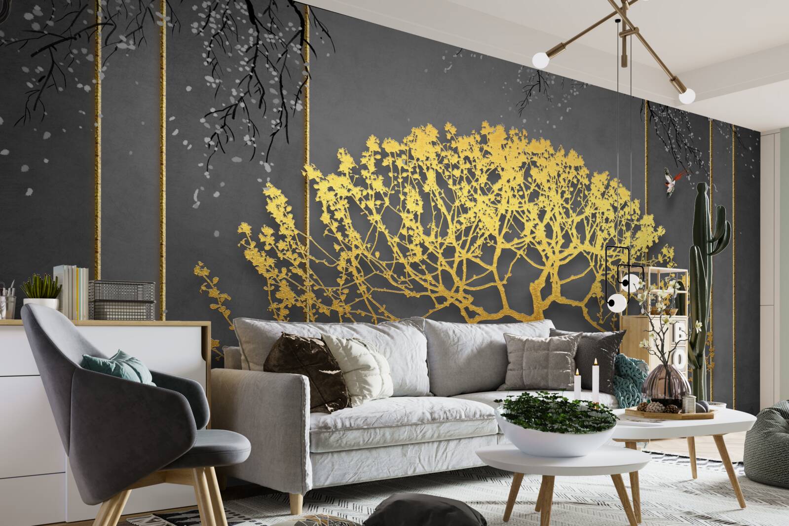 Fotobehang silhouet van een bonsaiboom glimmend in goud
