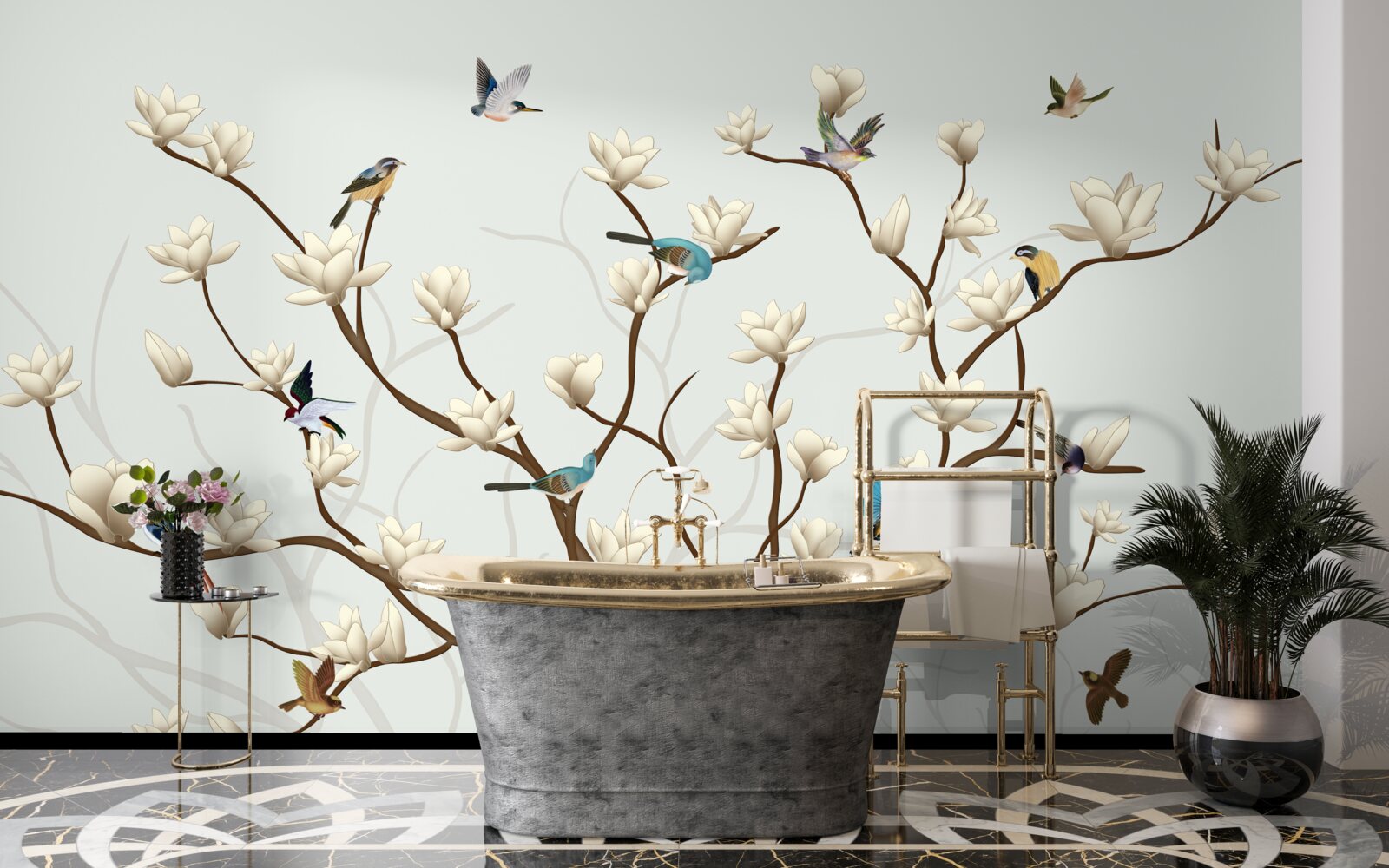 Fotobehang de magnolia is wit van kleur en wordt bewoond door een verscheidenheid aan vogels