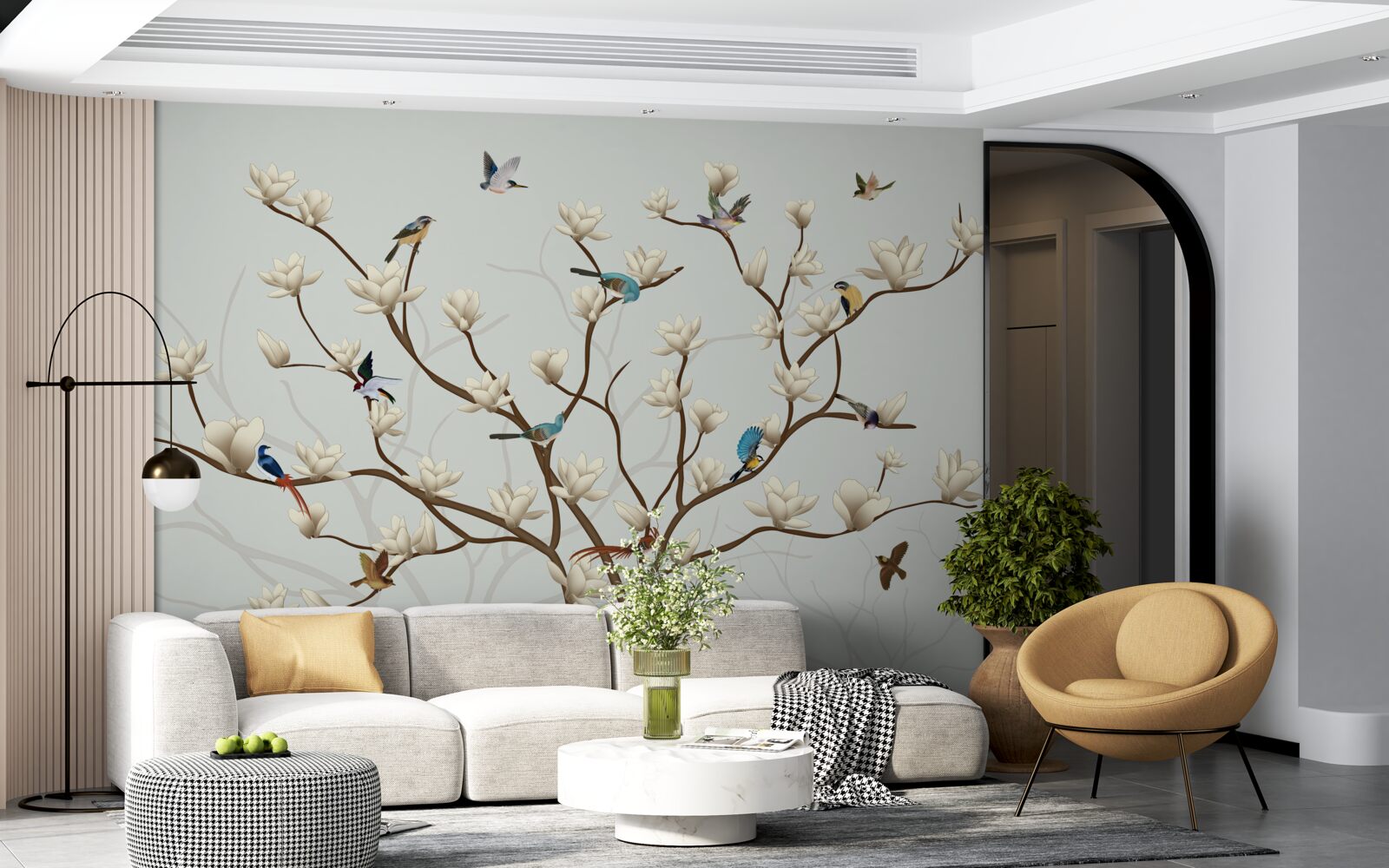 Fotobehang de magnolia is wit van kleur en wordt bewoond door een verscheidenheid aan vogels
