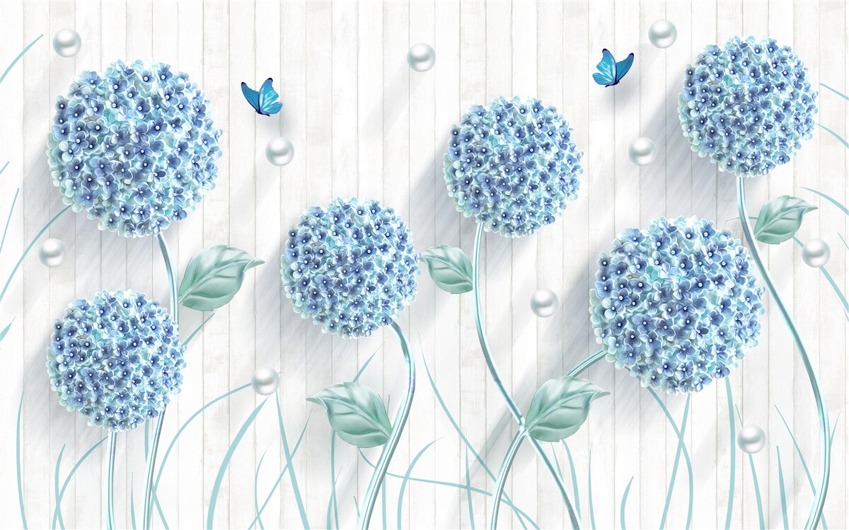 Fotobehang ongewone blauwe vlinders en bloemen