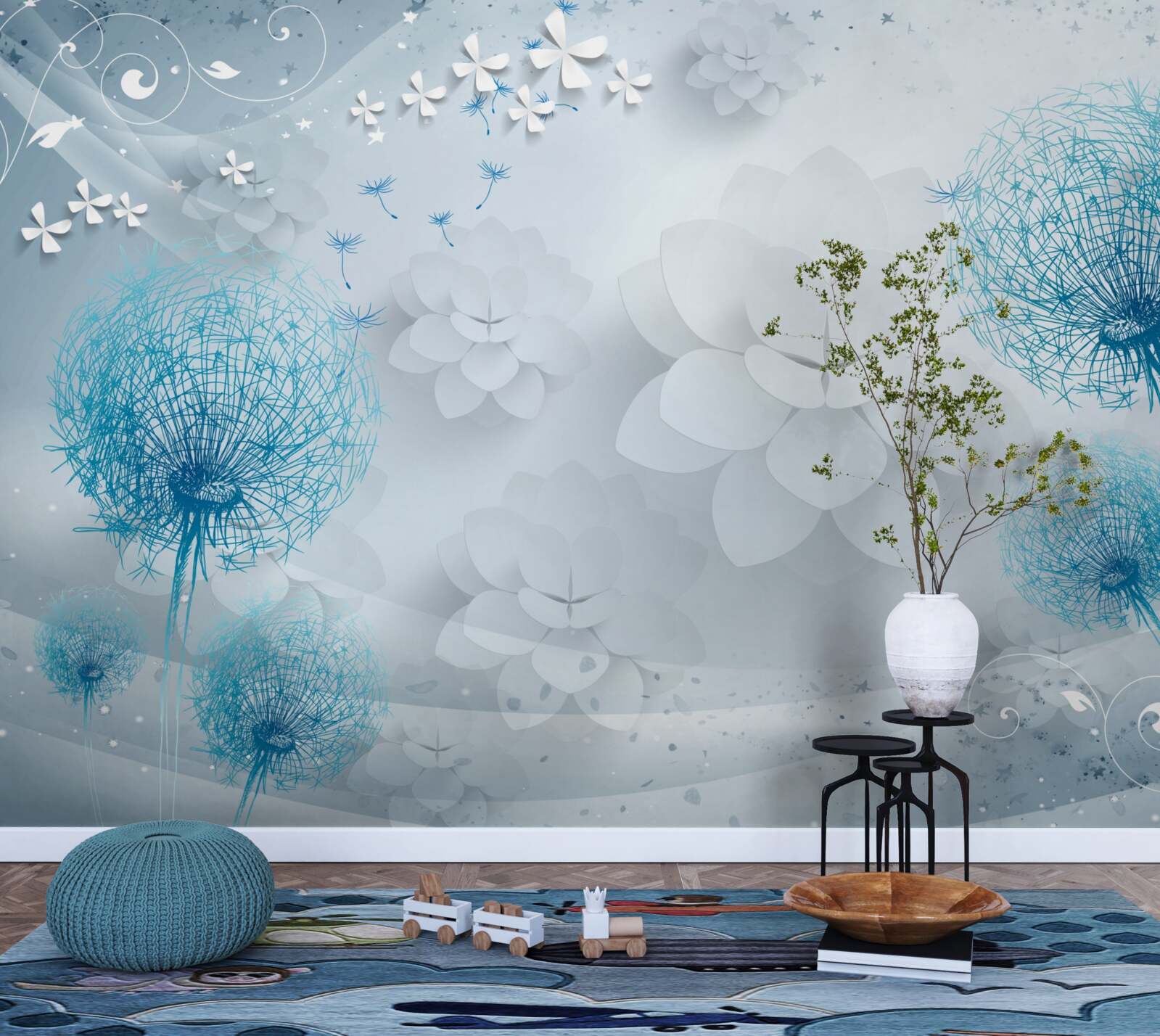 Fotobehang waaier van blauwe tinten met bloemen