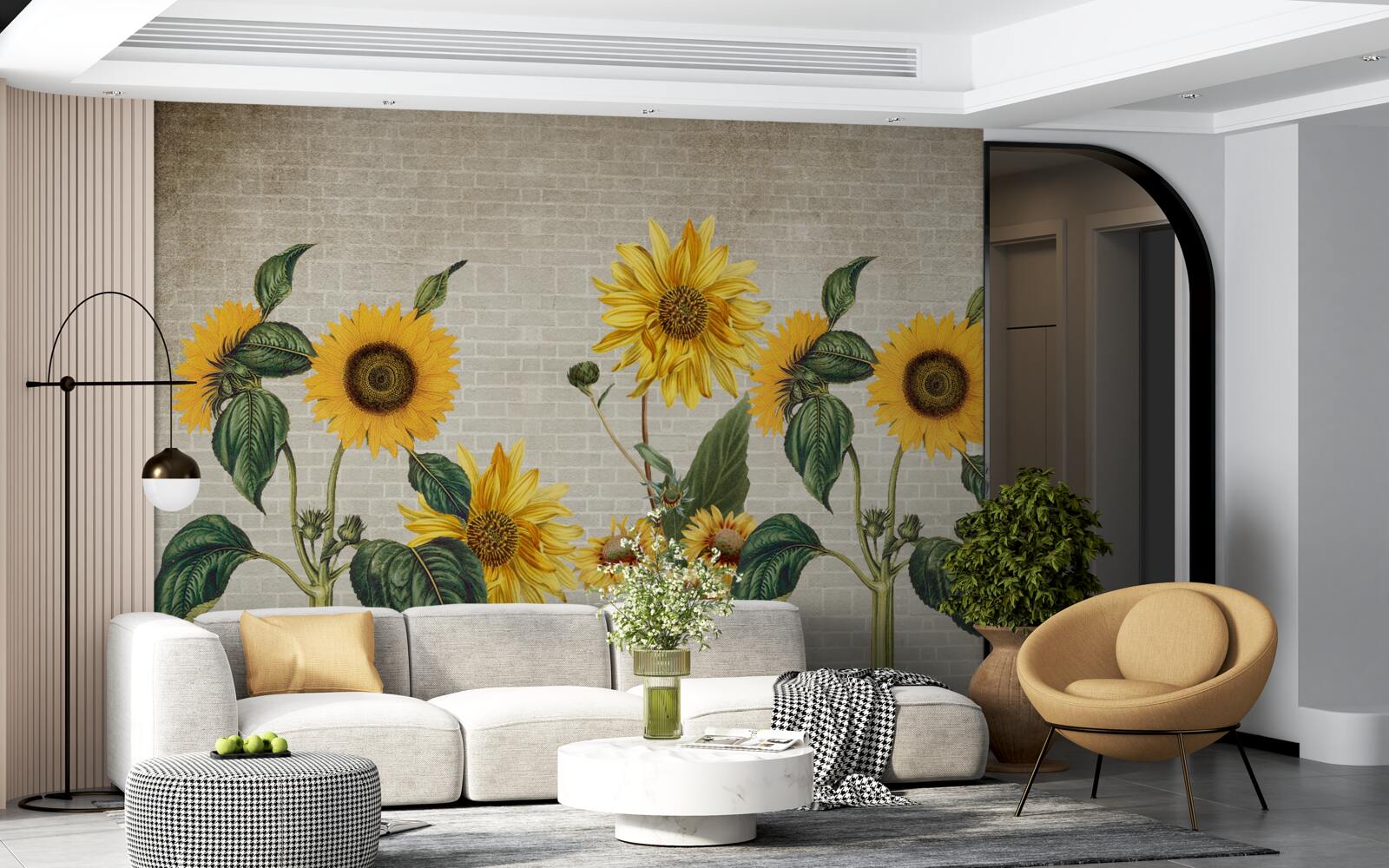Fotobehang Bakstenen muur met zonnebloemen op de voorgrond