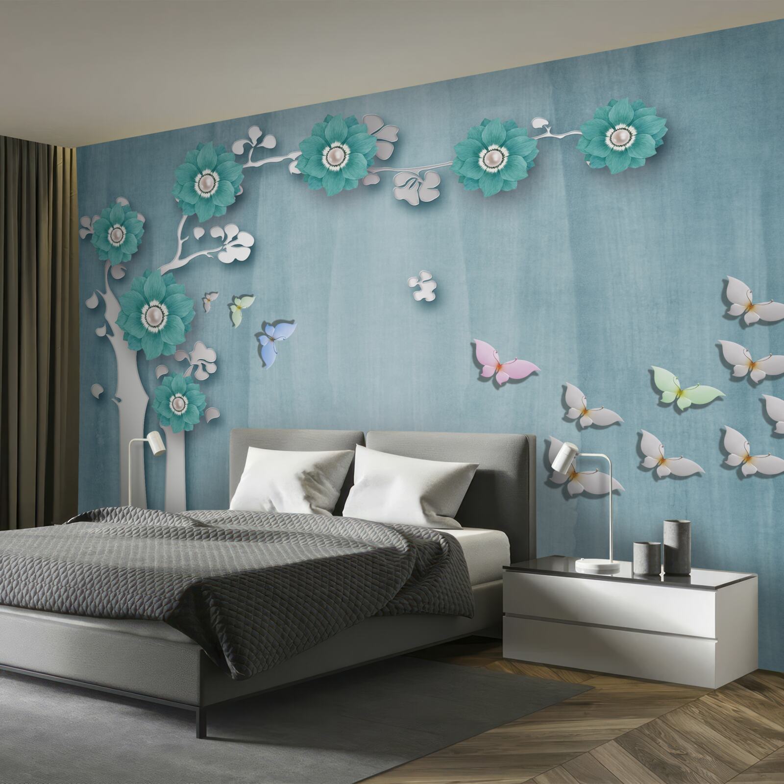 Fotobehang vlinders en groene bloemen die een boom versieren