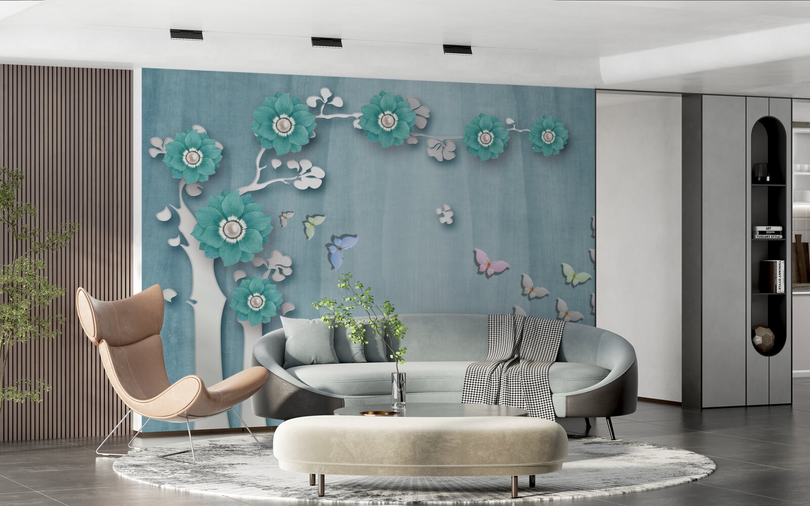 Fotobehang vlinders en groene bloemen die een boom versieren