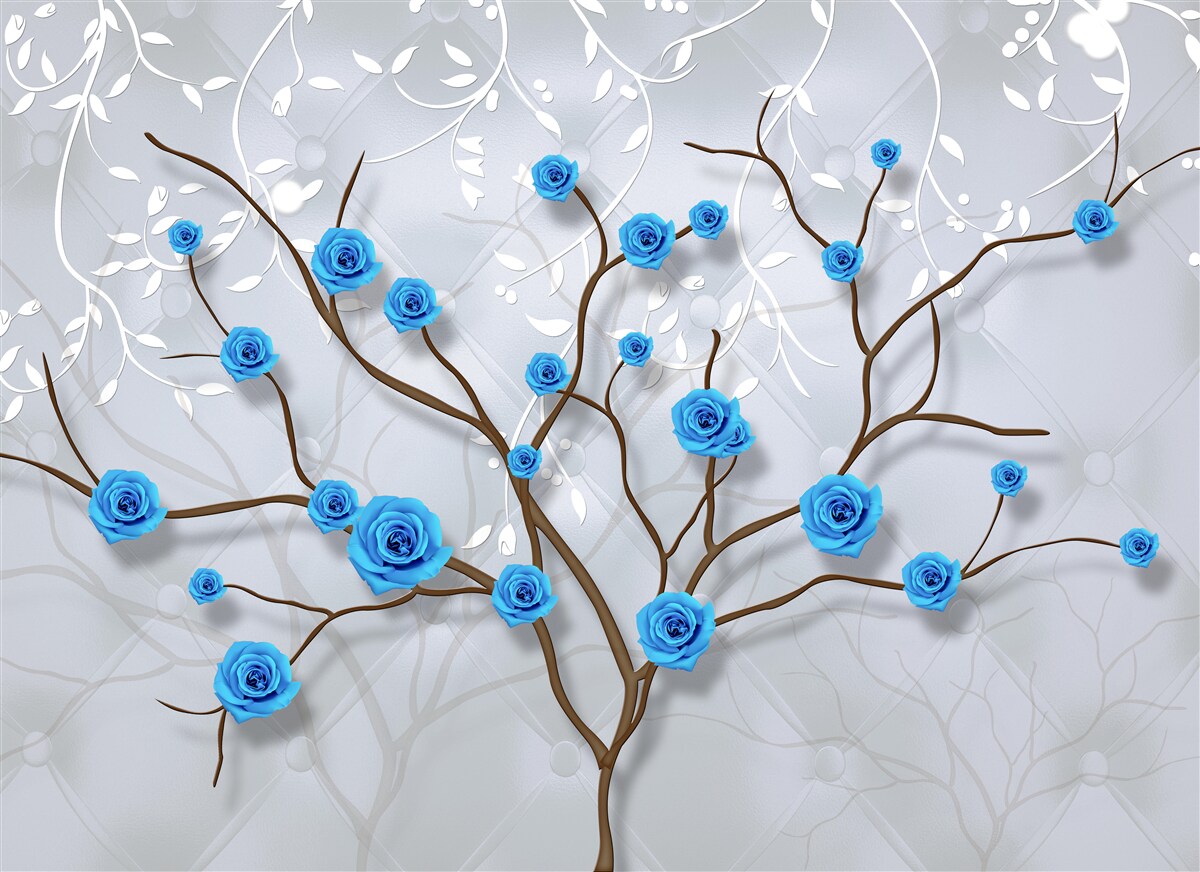 Fotobehang roze boom met blauwe bloemen