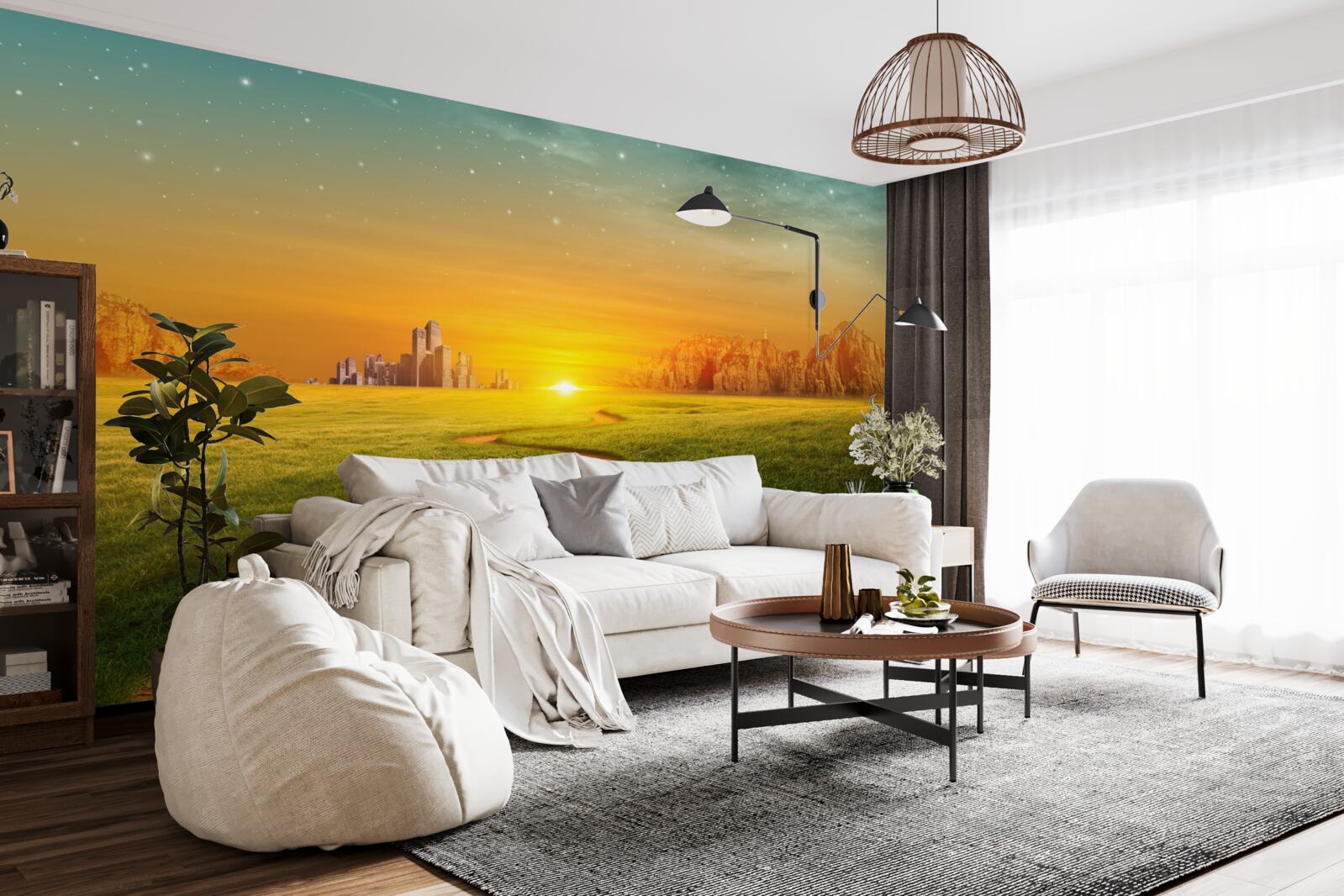 Fotobehang zonsondergang over uitgestrekte velden