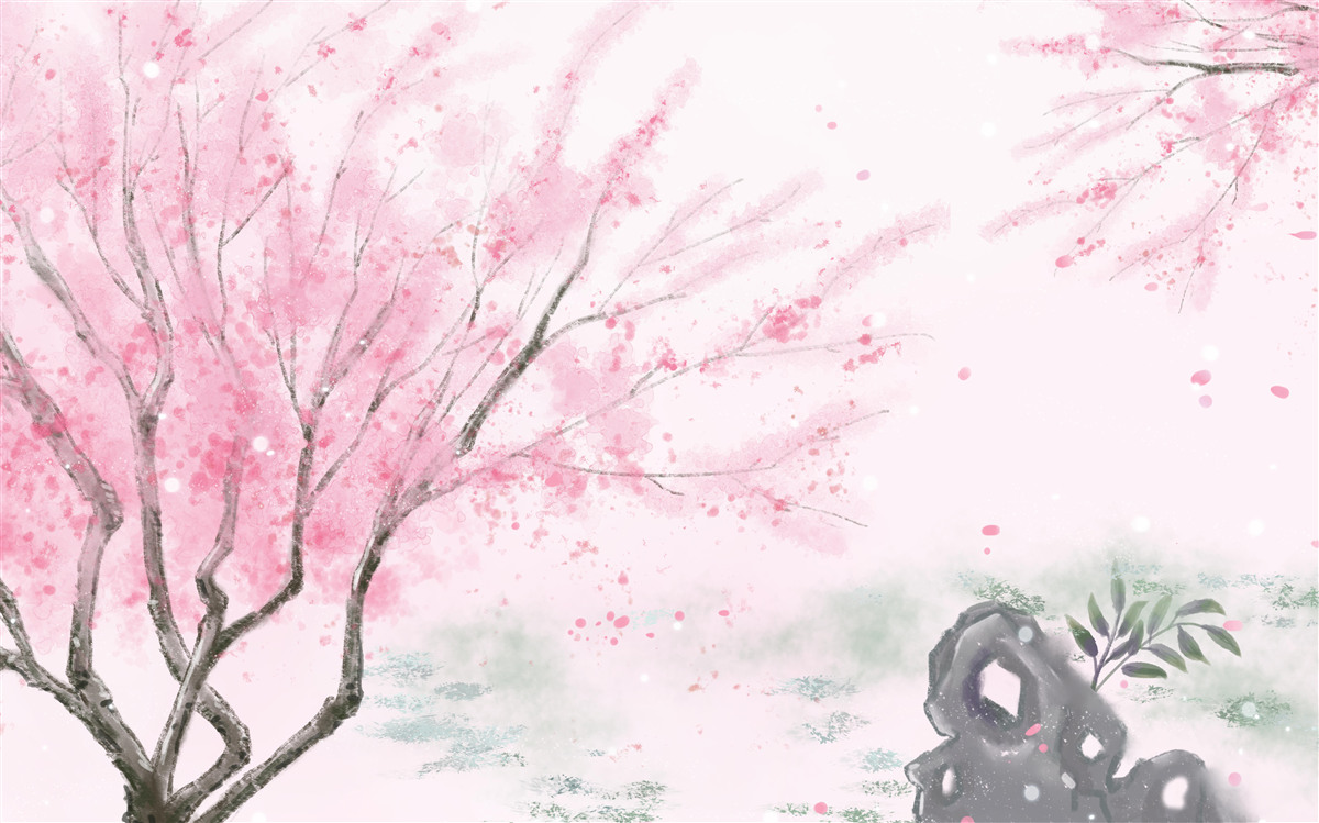 Fotobehang de sakura bij de vijver is roze geschilderd