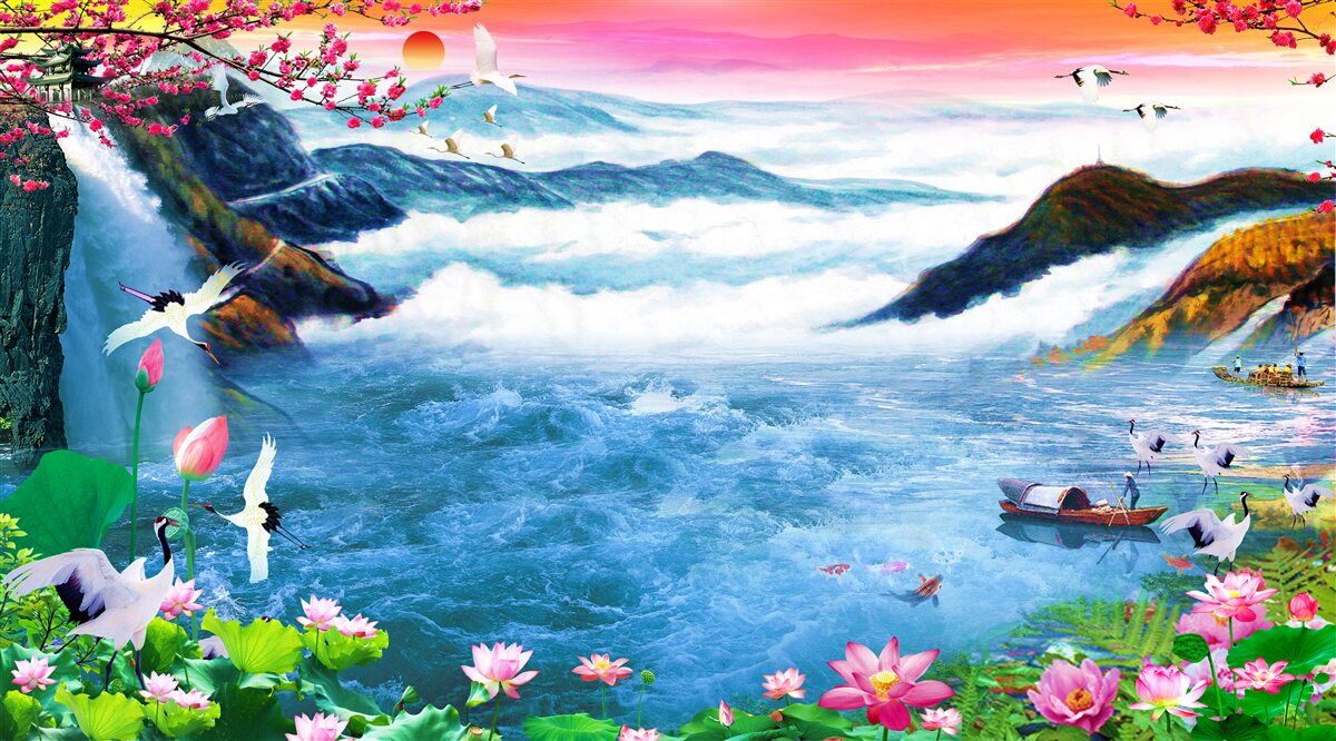 Fotobehang bij zonsondergang aan de voet van een bergwaterval zijn vissers