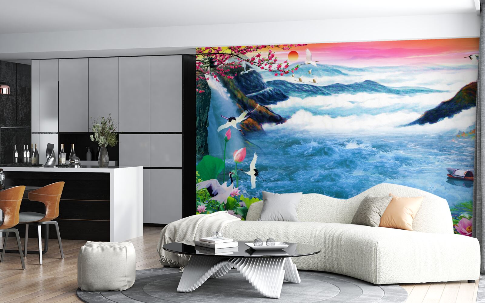 Fotobehang bij zonsondergang aan de voet van een bergwaterval zijn vissers