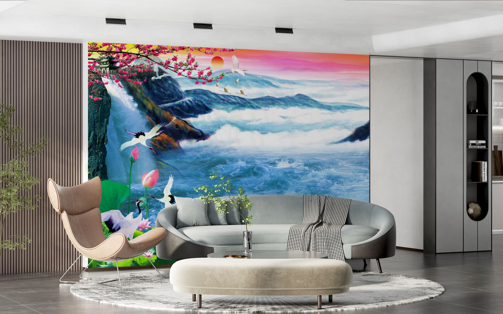 Fotobehang bij zonsondergang aan de voet van een bergwaterval zijn vissers