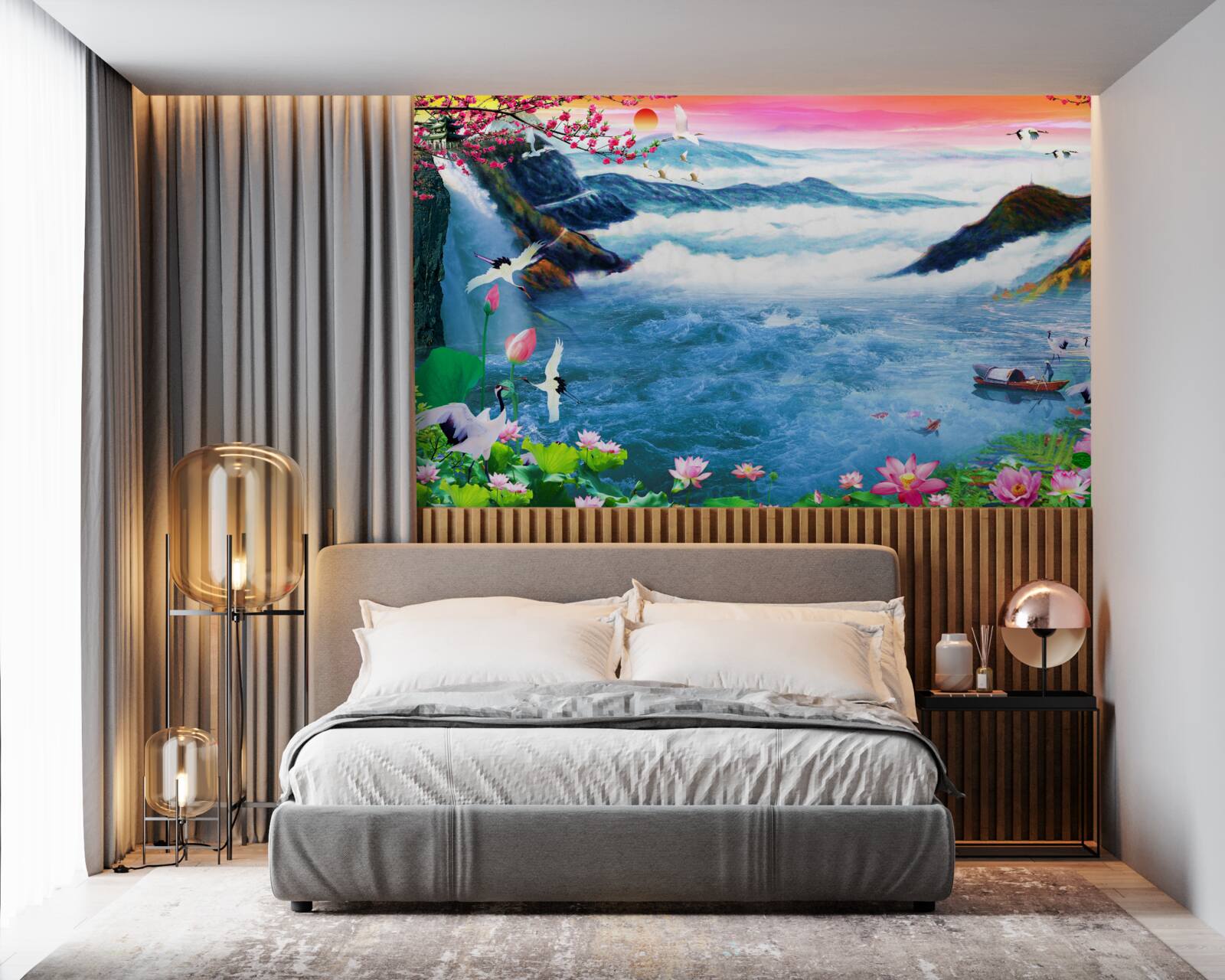 Fotobehang bij zonsondergang aan de voet van een bergwaterval zijn vissers