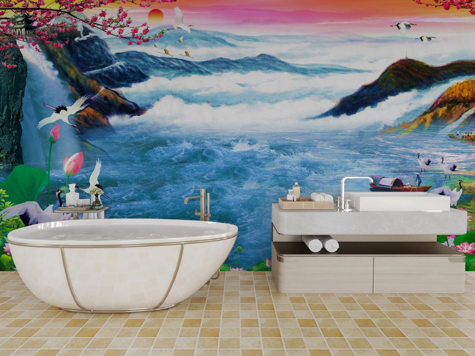 Fotobehang bij zonsondergang aan de voet van een bergwaterval zijn vissers