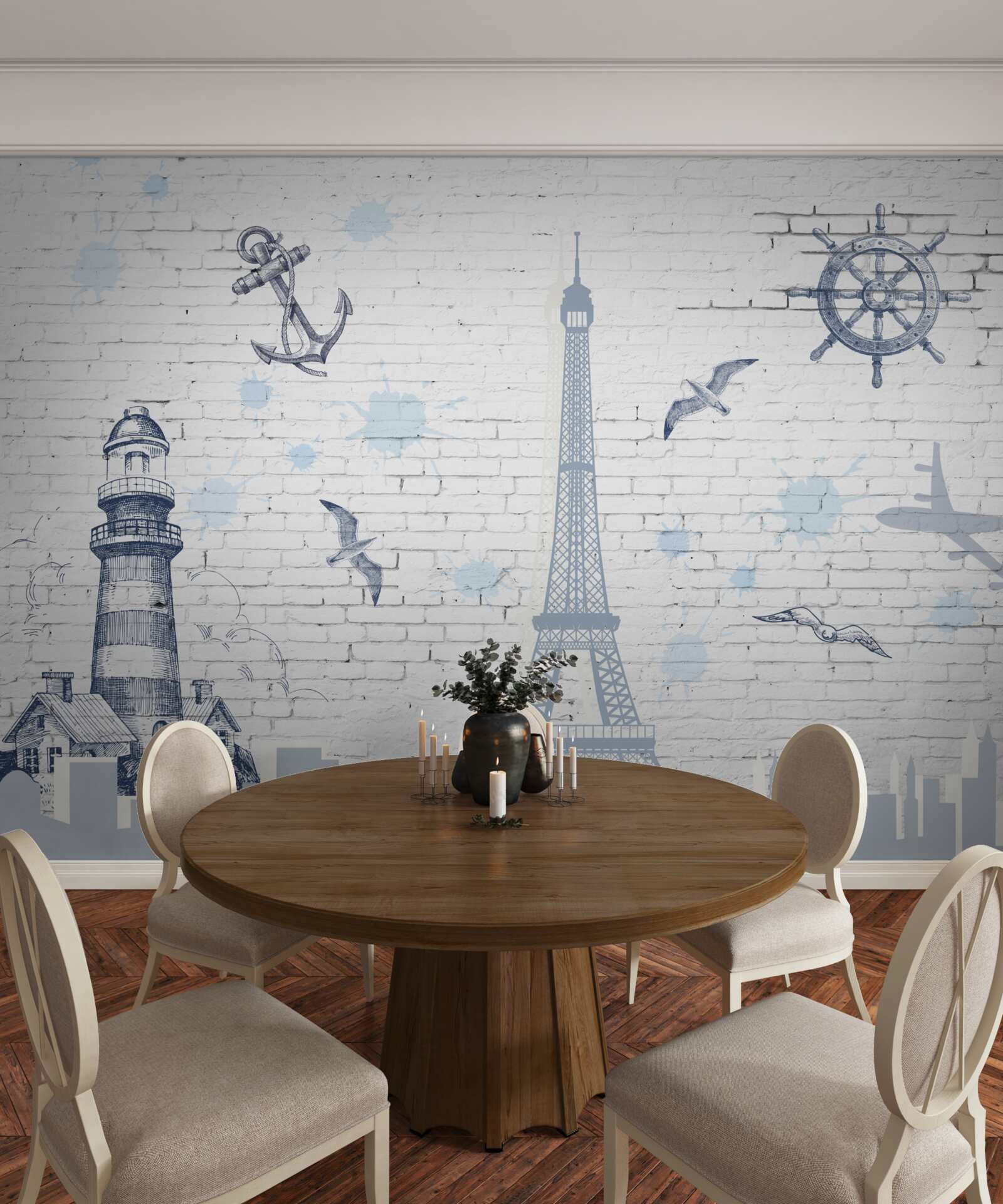 Fotobehang eiffeltoren en vuurtoren op de muur
