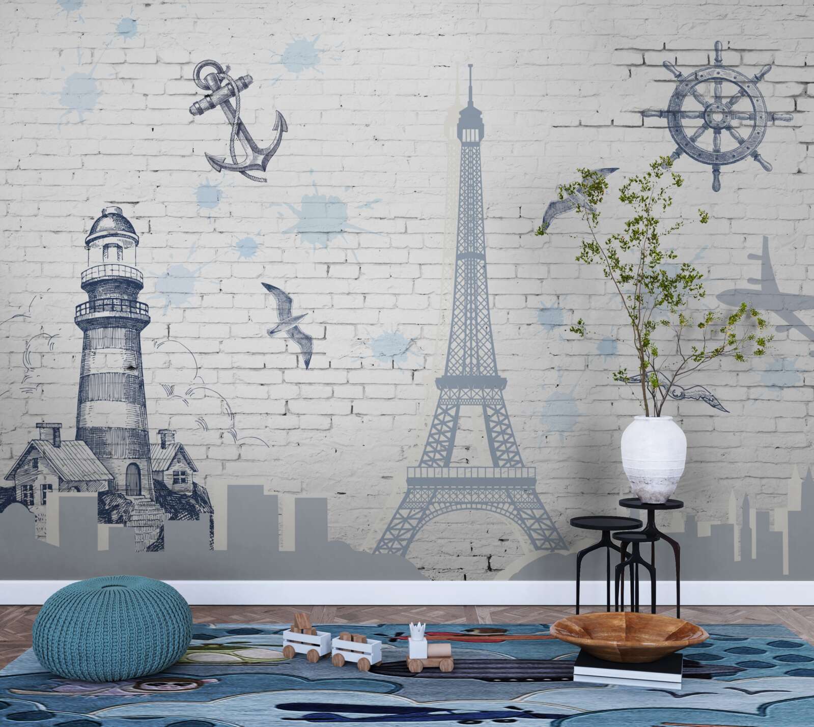 Fotobehang eiffeltoren en vuurtoren op de muur