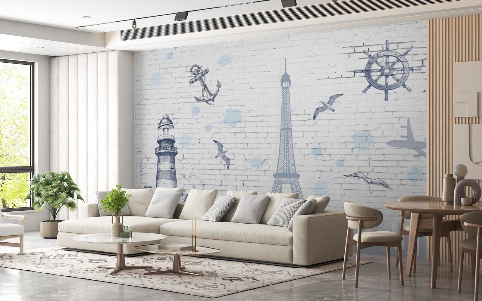 Fotobehang eiffeltoren en vuurtoren op de muur