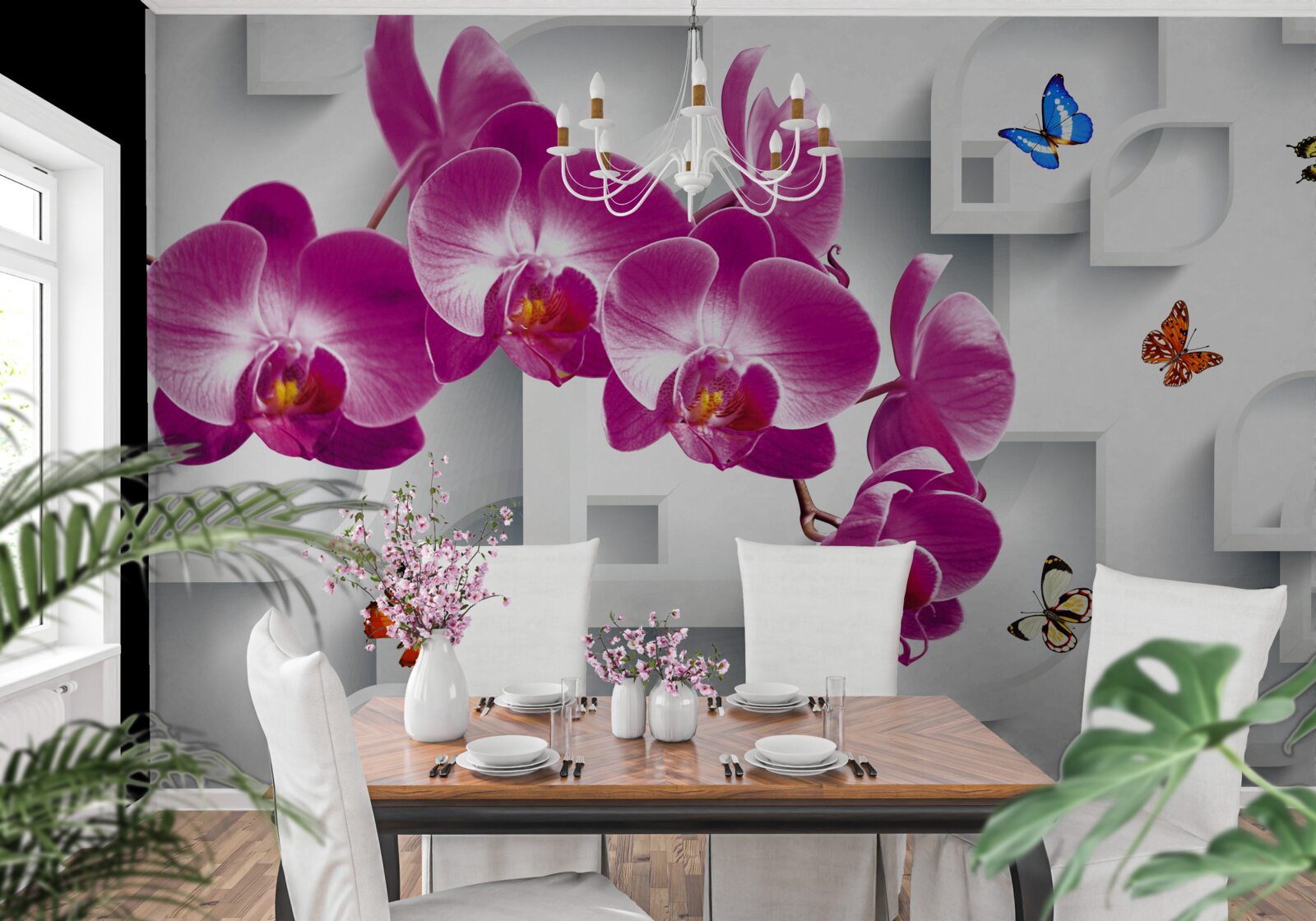 Fotobehang lila orchidee versierd met vlinders