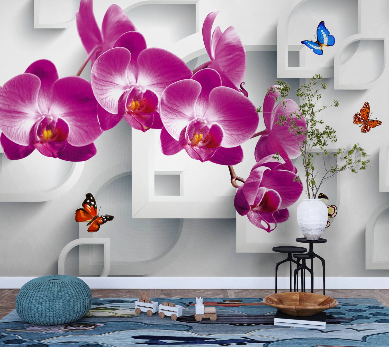 Fotobehang lila orchidee versierd met vlinders