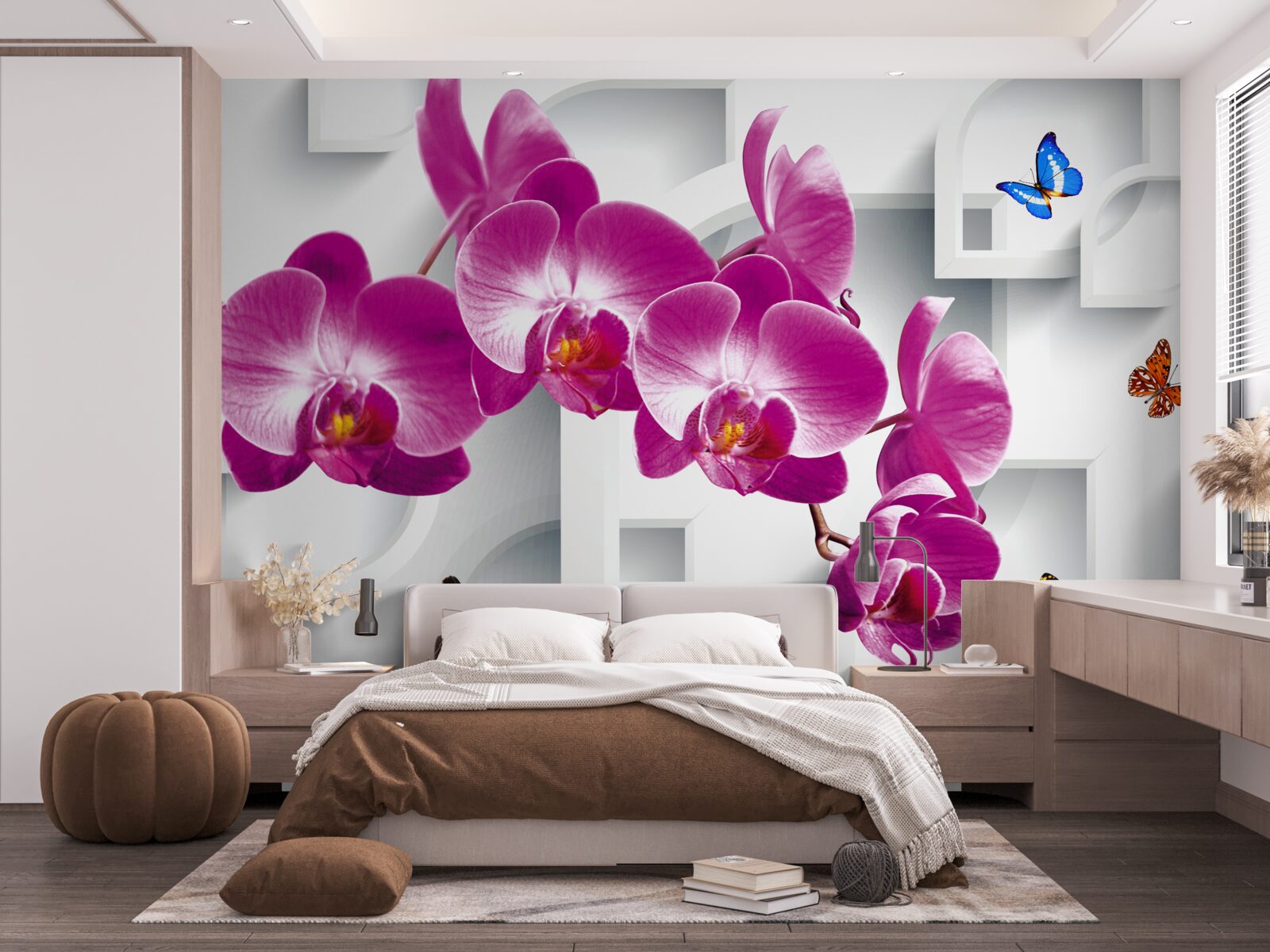 Fotobehang lila orchidee versierd met vlinders