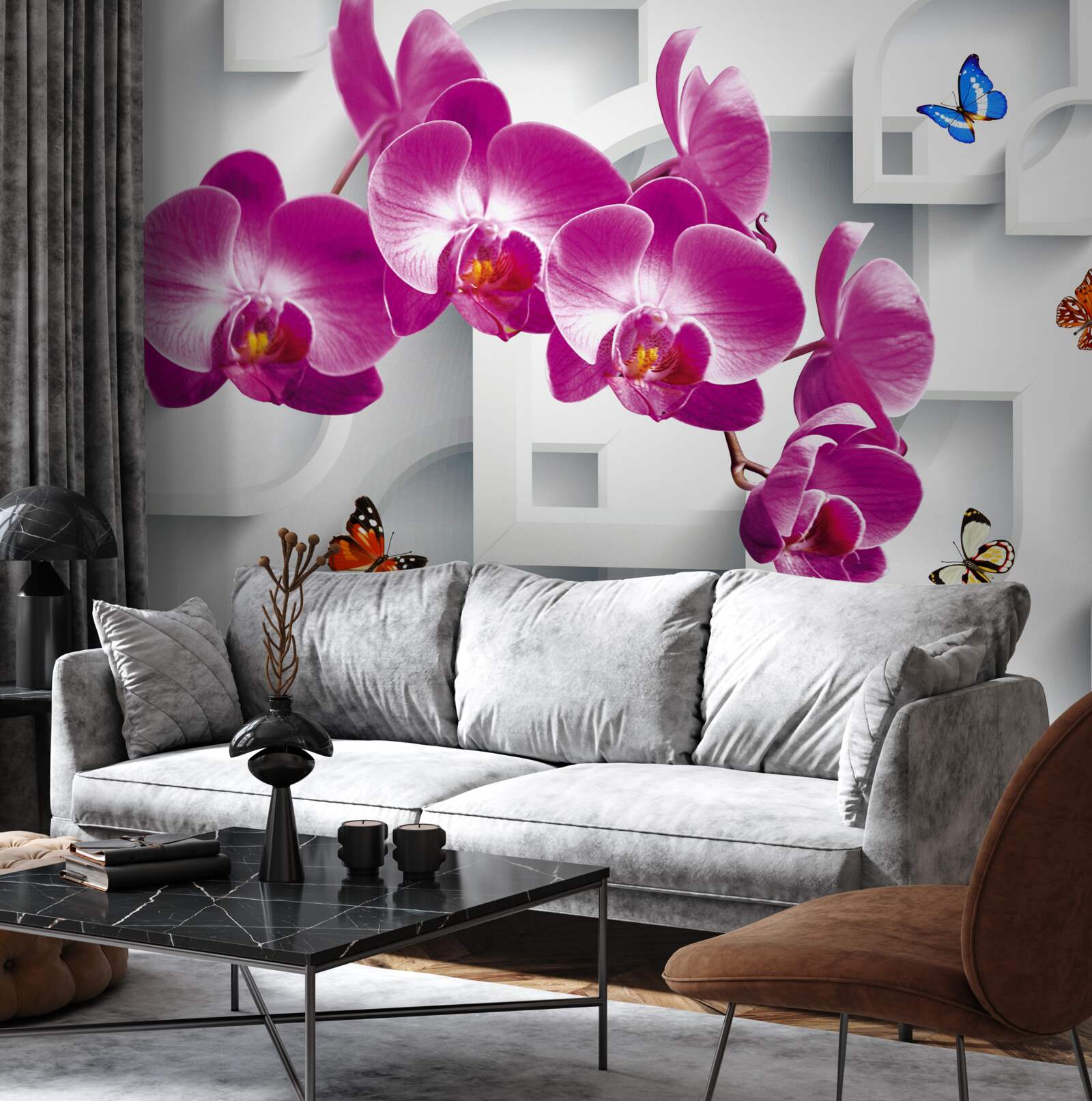 Fotobehang lila orchidee versierd met vlinders