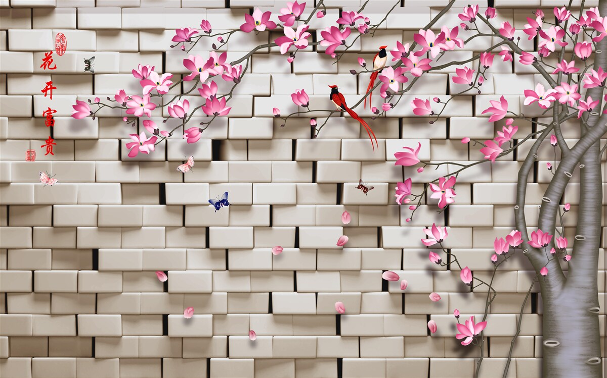 Fotobehang stenen muur en roze bloemen