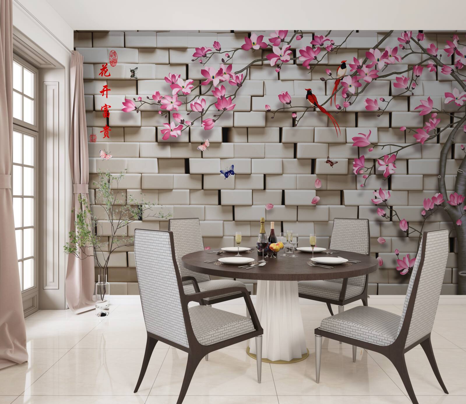 Fotobehang stenen muur en roze bloemen