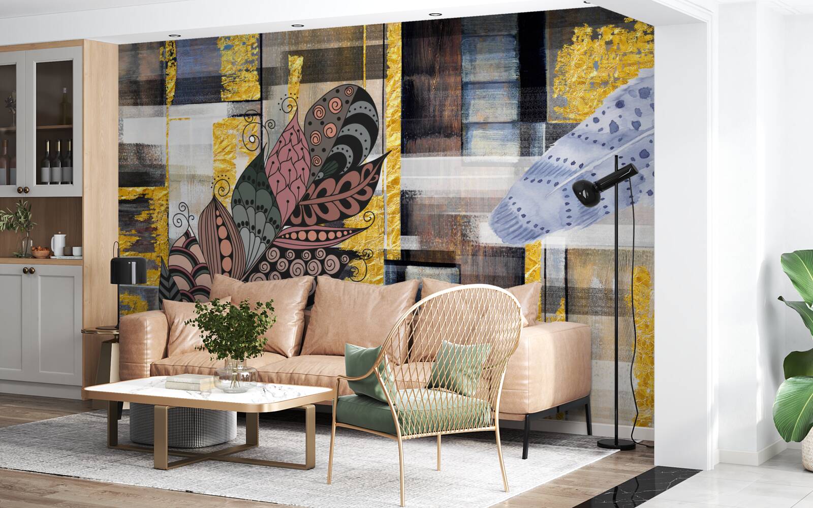 Fotobehang de abstracte achtergrond is versierd met prachtige veren