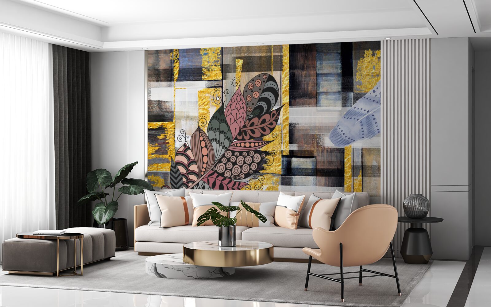 Fotobehang de abstracte achtergrond is versierd met prachtige veren
