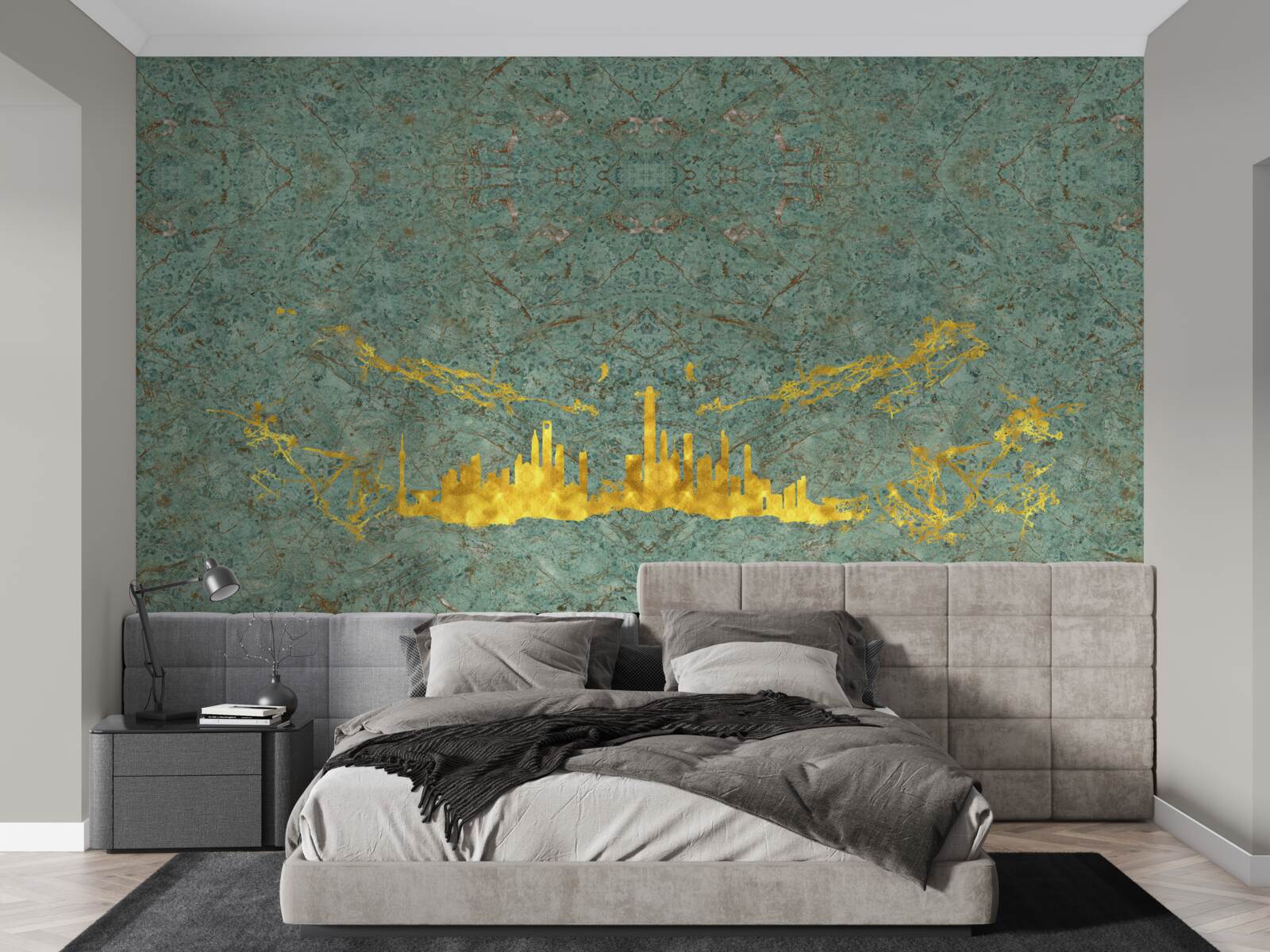 Fotobehang groen marmer bedekt met gouddraad