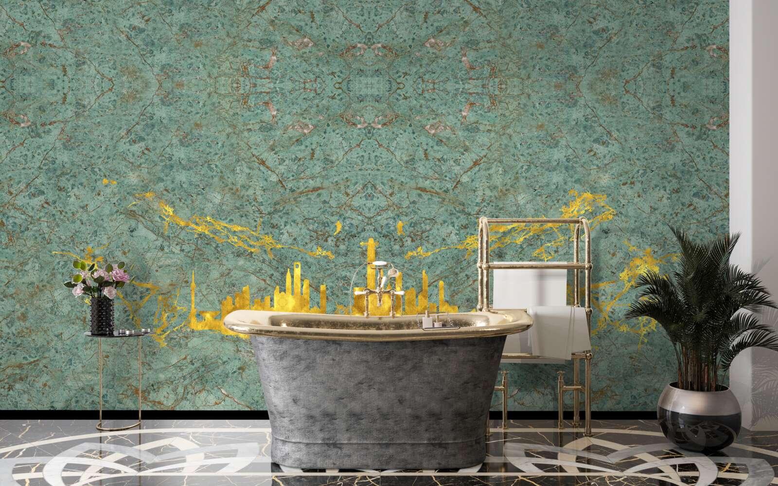 Fotobehang groen marmer bedekt met gouddraad
