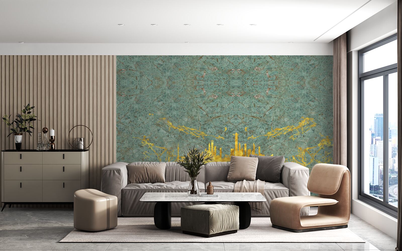 Fotobehang groen marmer bedekt met gouddraad