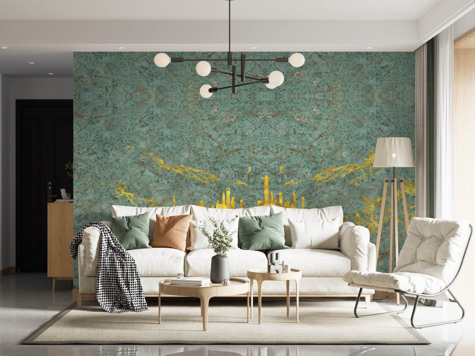 Fotobehang groen marmer bedekt met gouddraad