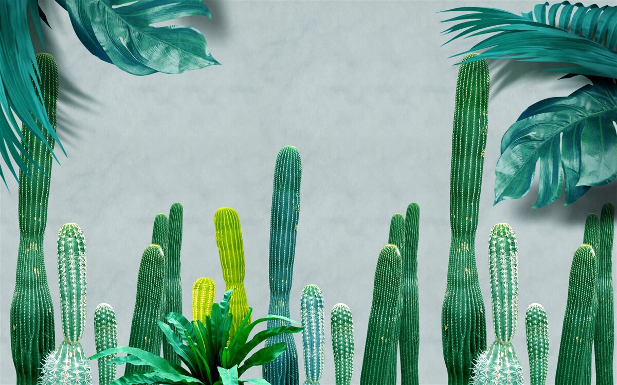Fotobehang tropische palmen zijn versierd met groene cactussen