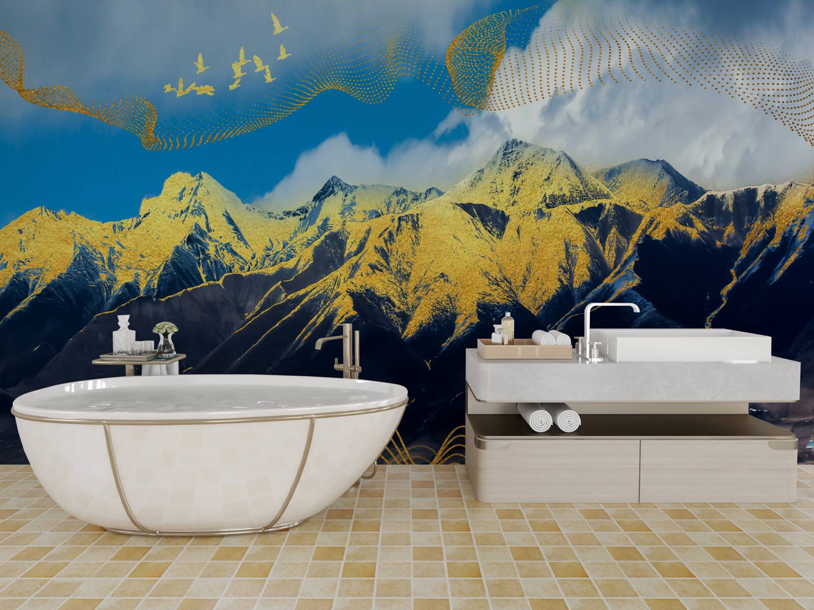 Fotobehang de gouden toppen van de bergketens