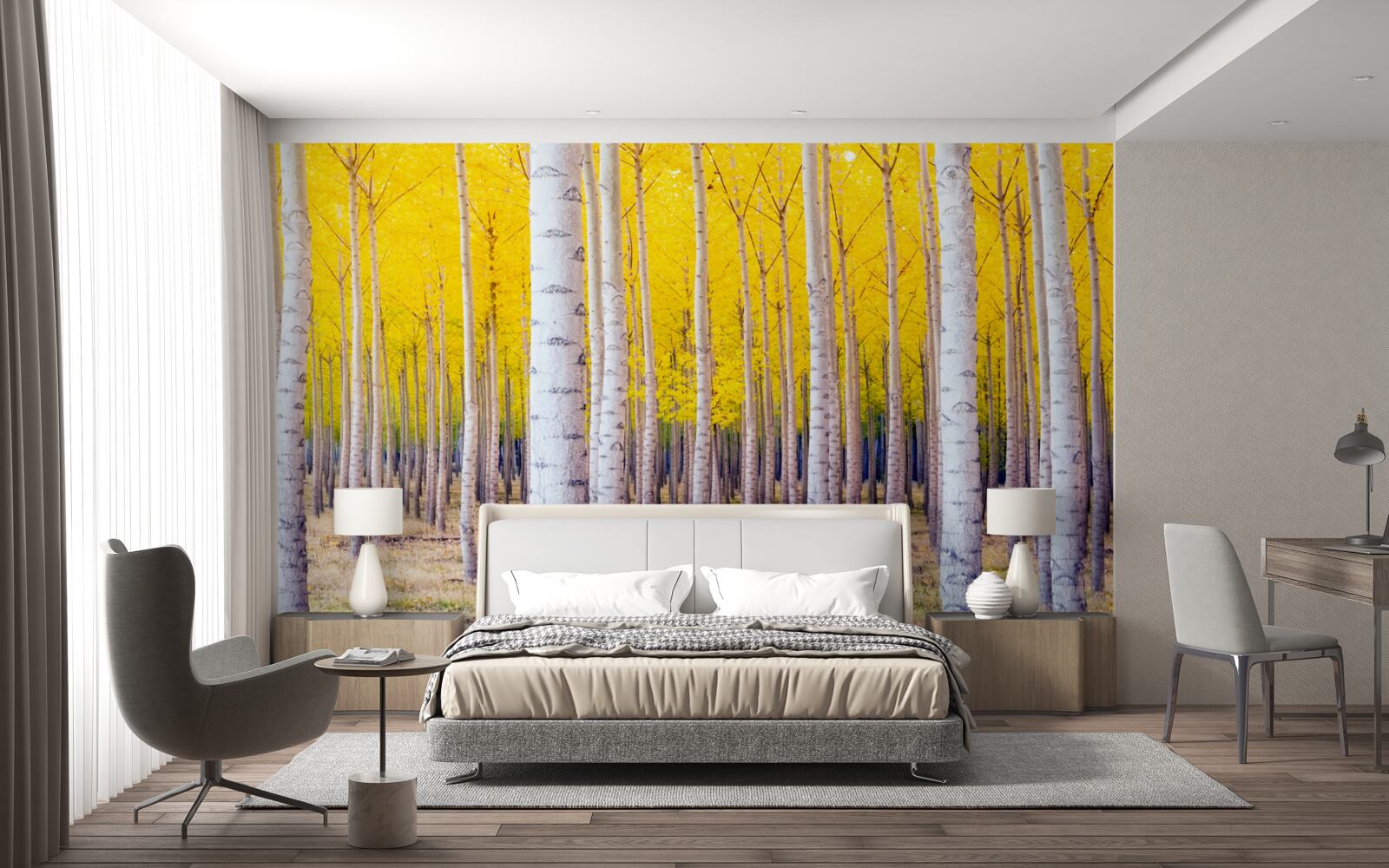 Fotobehang felgele kleuren lichten op in het berkenbos