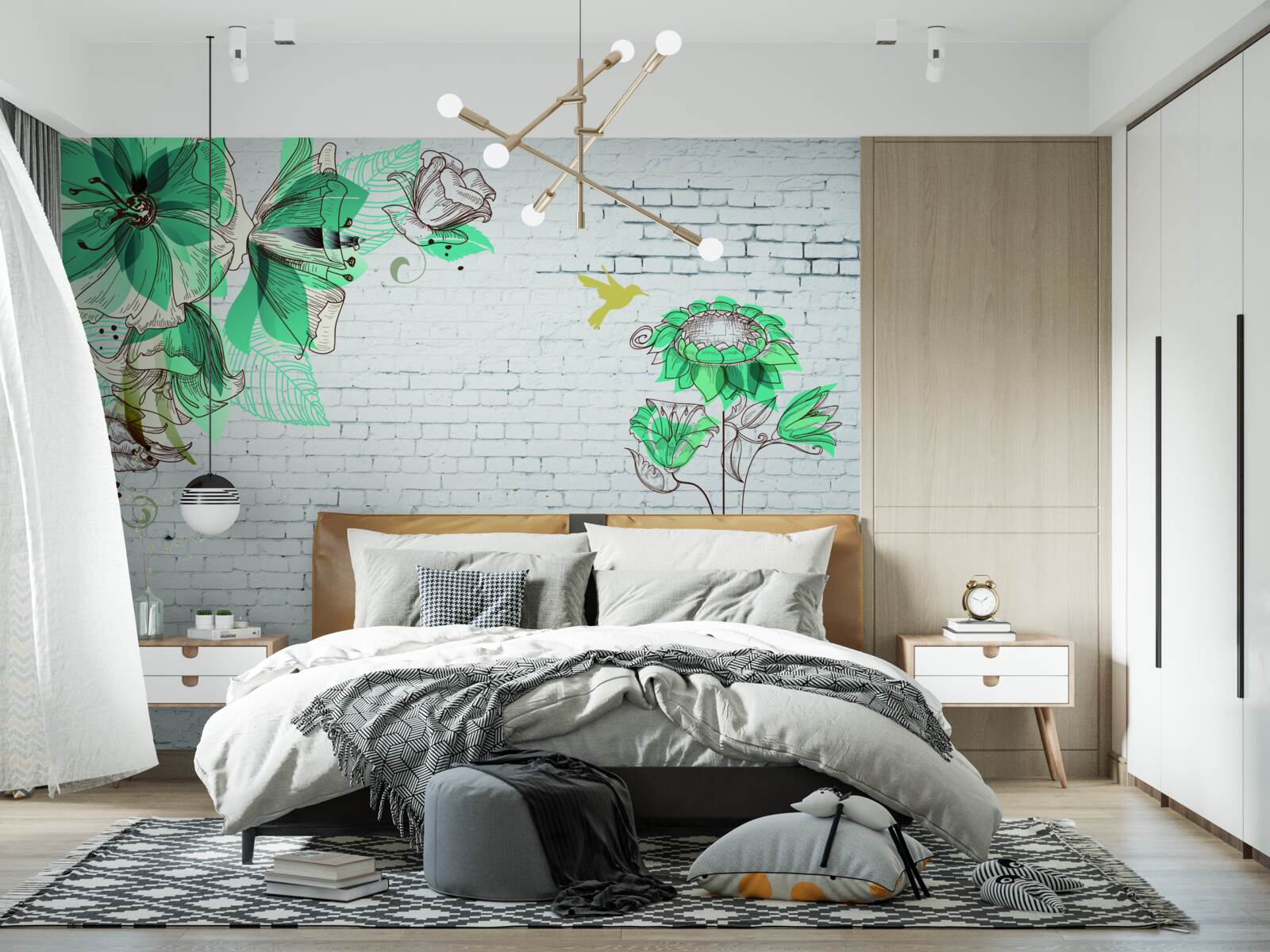 Fotobehang turquoise bloemen op witte bakstenen