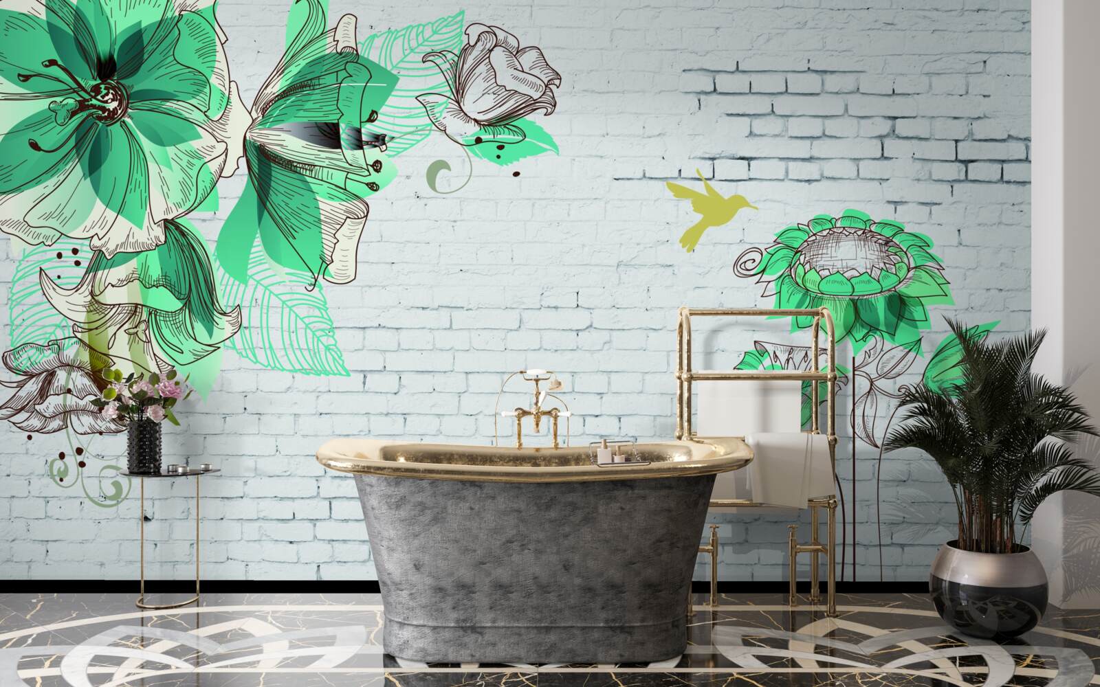 Fotobehang turquoise bloemen op witte bakstenen