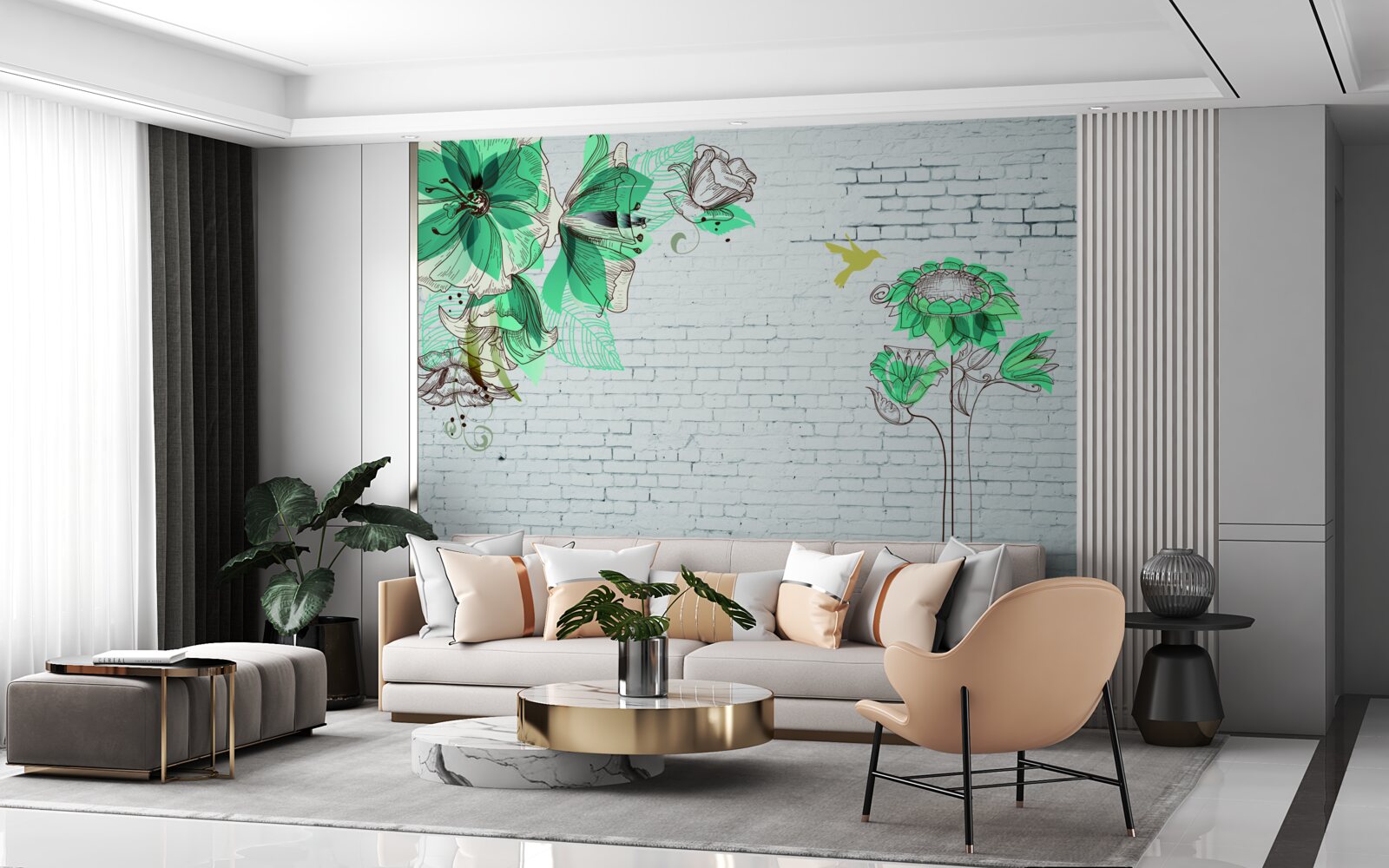 Fotobehang turquoise bloemen op witte bakstenen