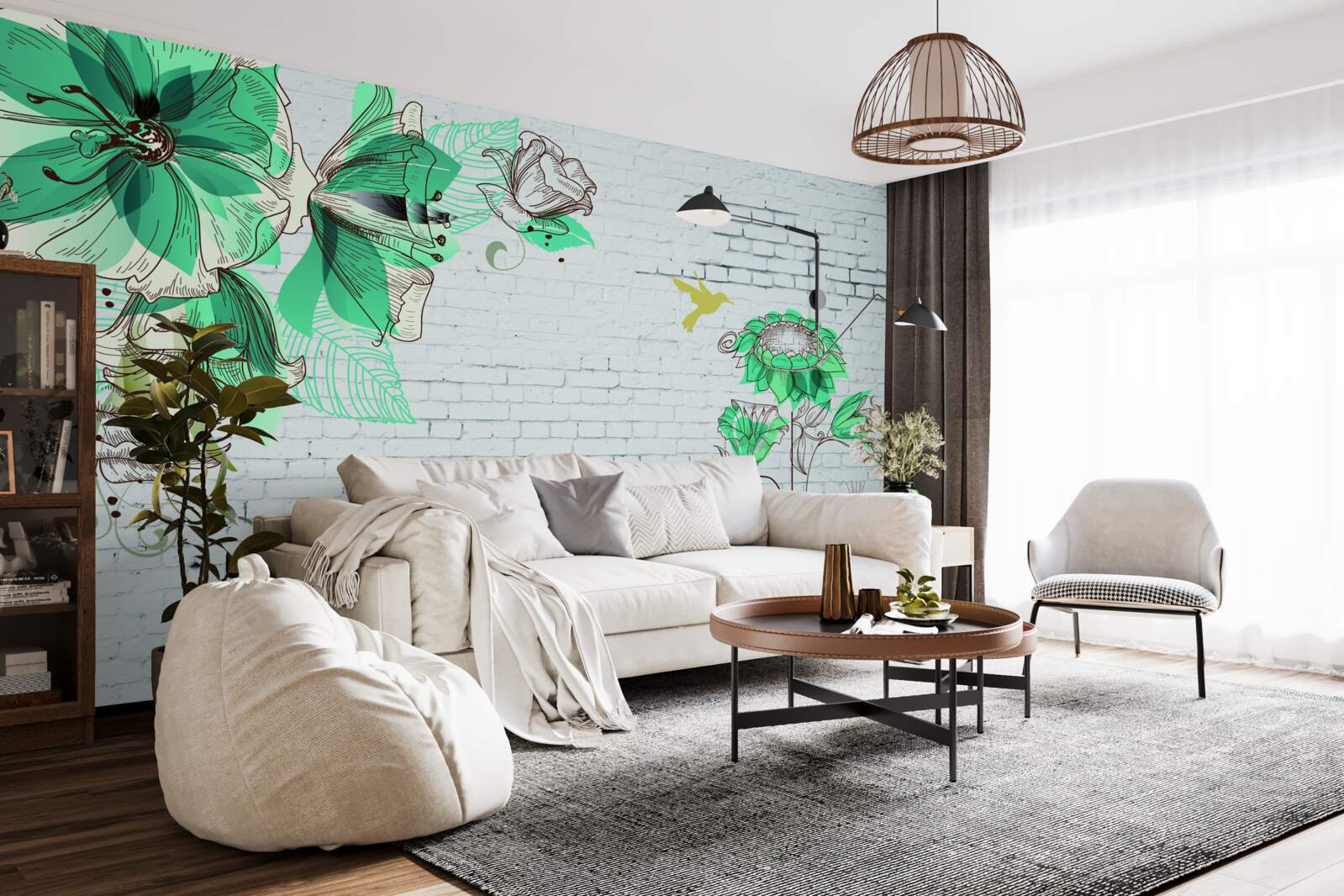 Fotobehang turquoise bloemen op witte bakstenen