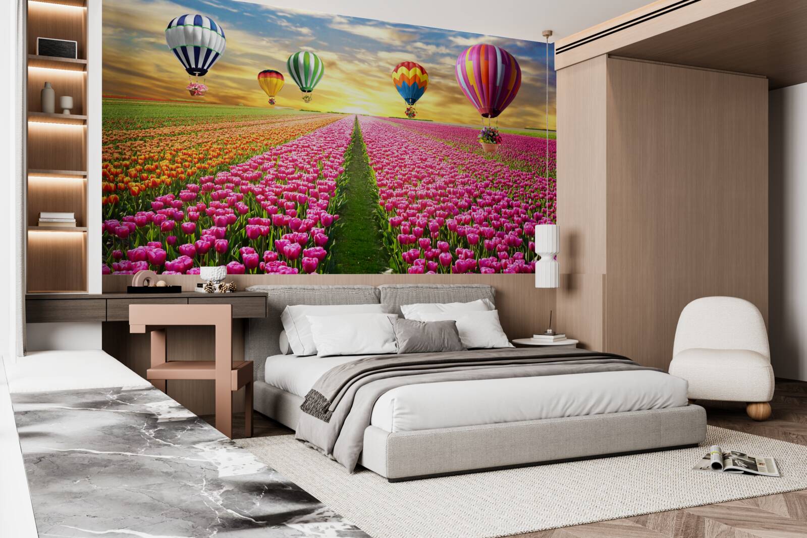 Fotobehang ballen die opstijgen boven een tulpenveld