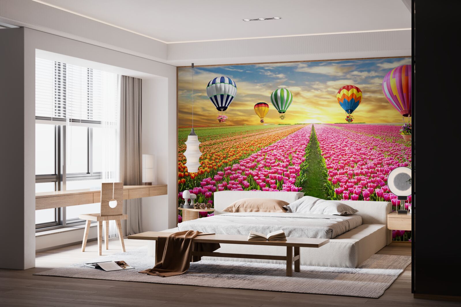 Fotobehang ballen die opstijgen boven een tulpenveld