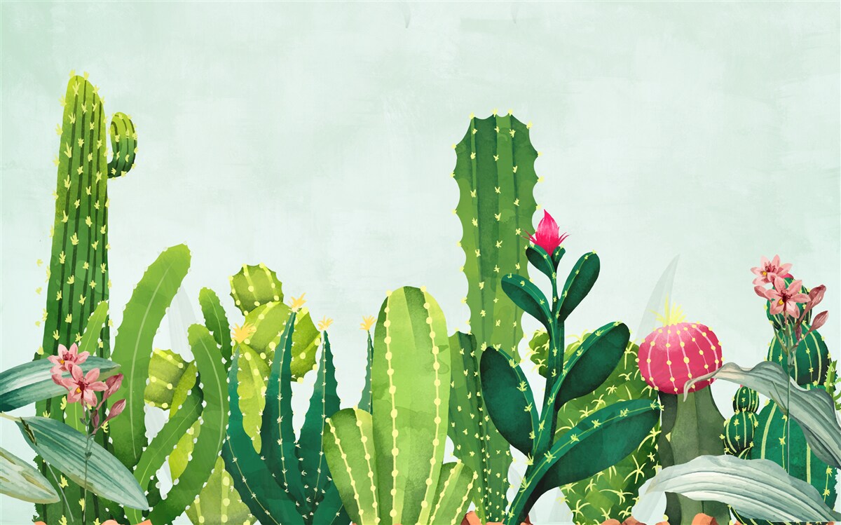 Fotobehang blauwe lucht met een frame van cactussen