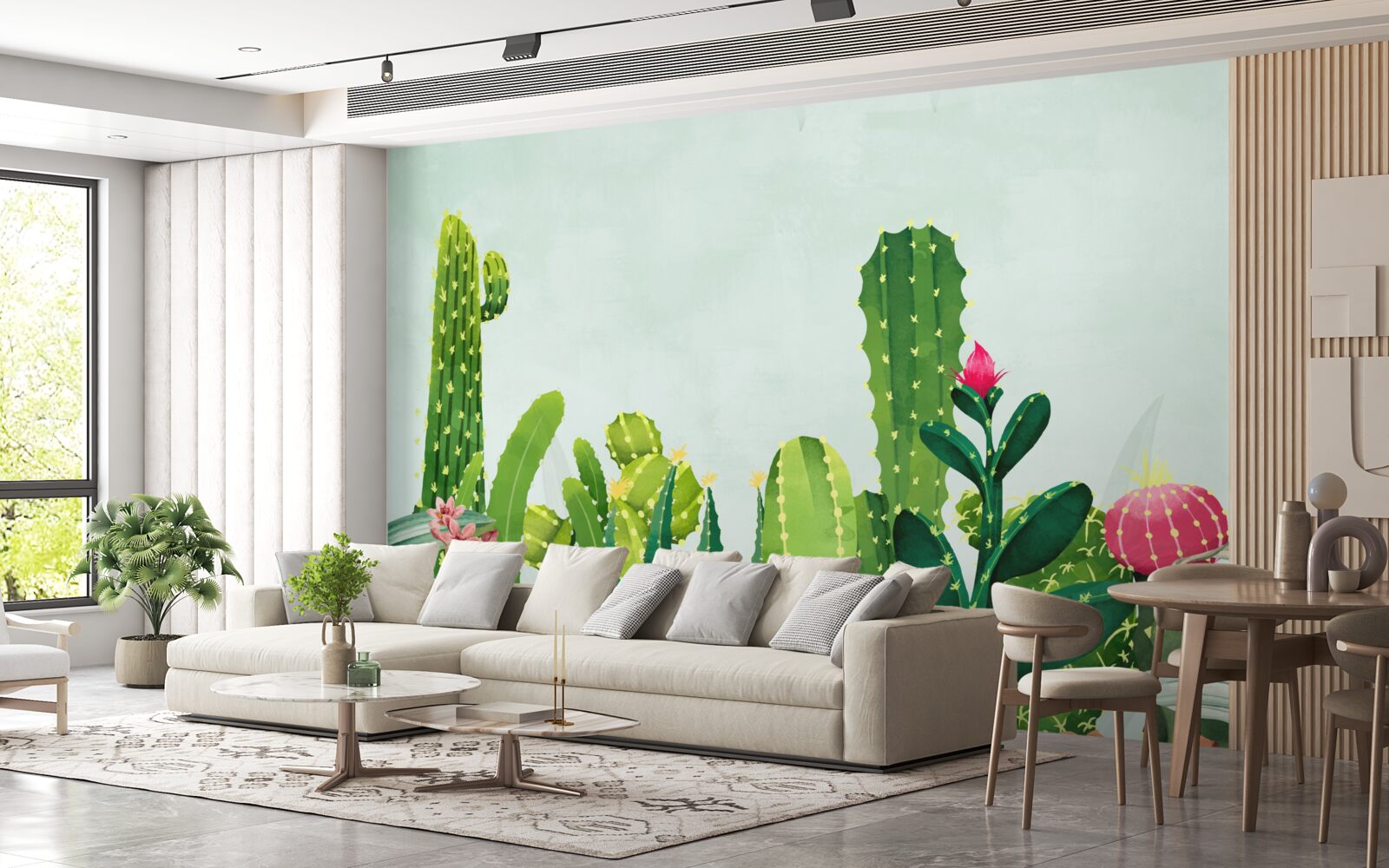 Fotobehang blauwe lucht met een frame van cactussen