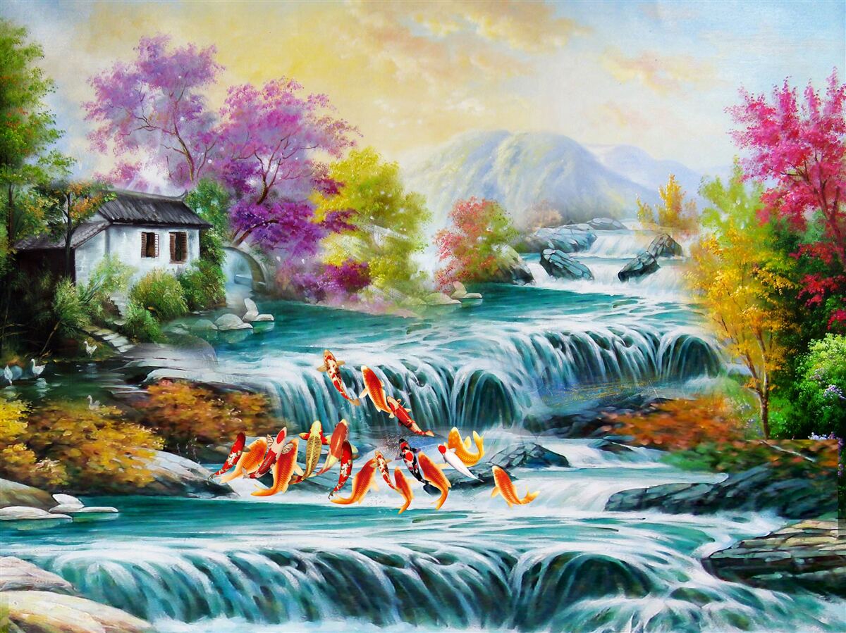 Fotobehang een waterval dondert door het huis in de herfst