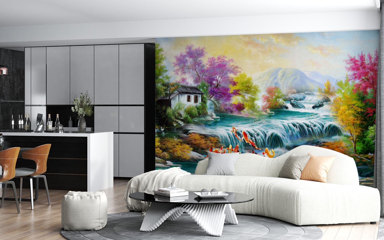 Fotobehang een waterval dondert door het huis in de herfst