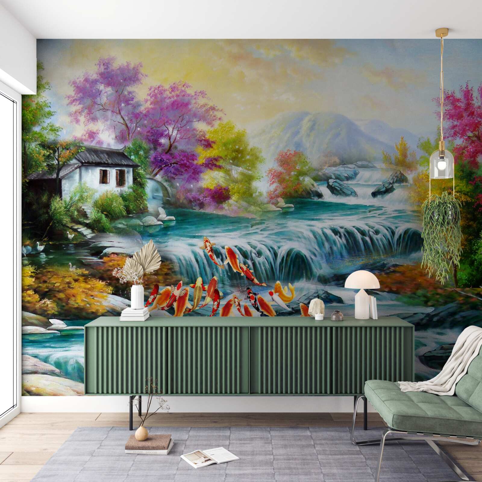 Fotobehang een waterval dondert door het huis in de herfst