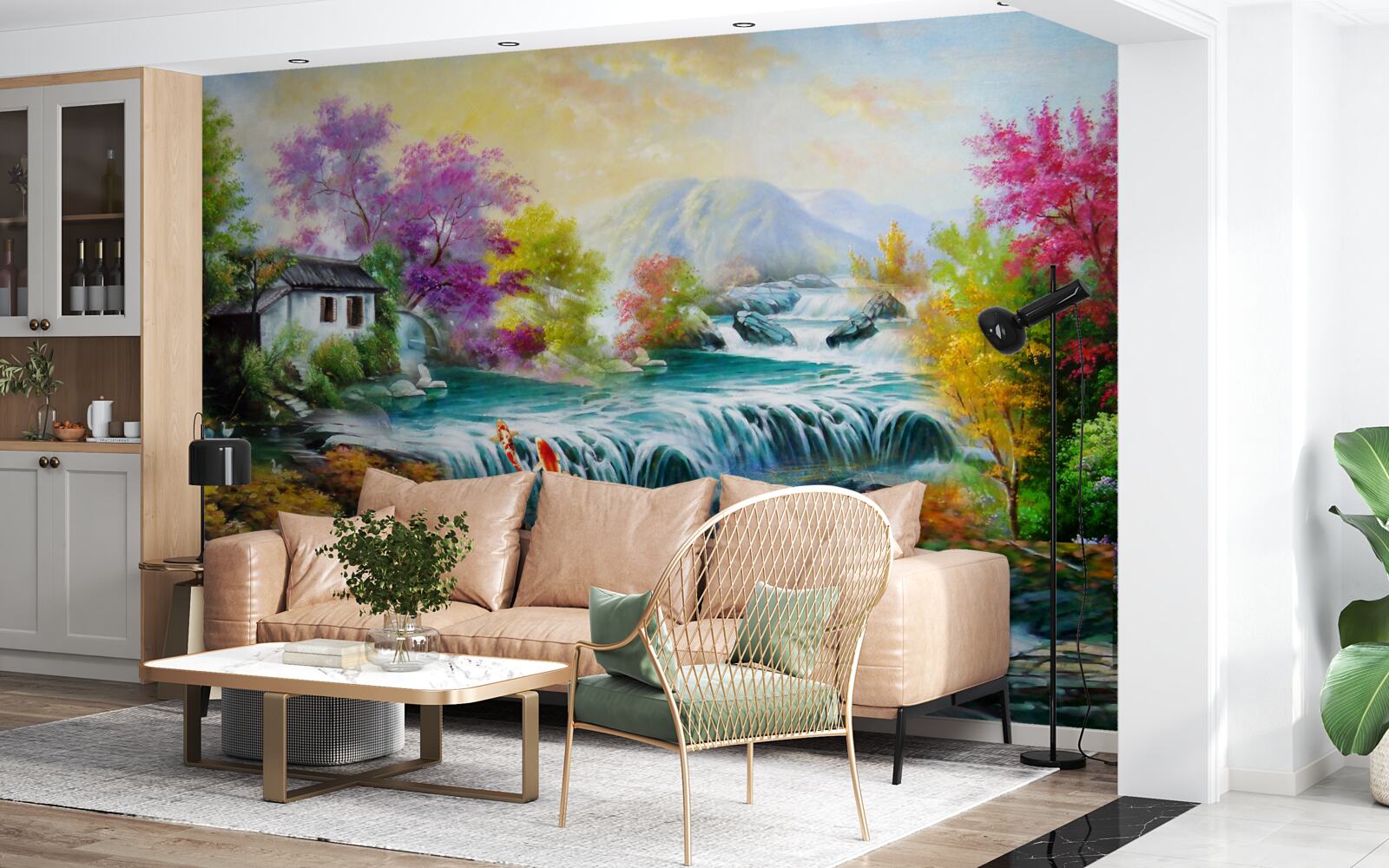 Fotobehang een waterval dondert door het huis in de herfst