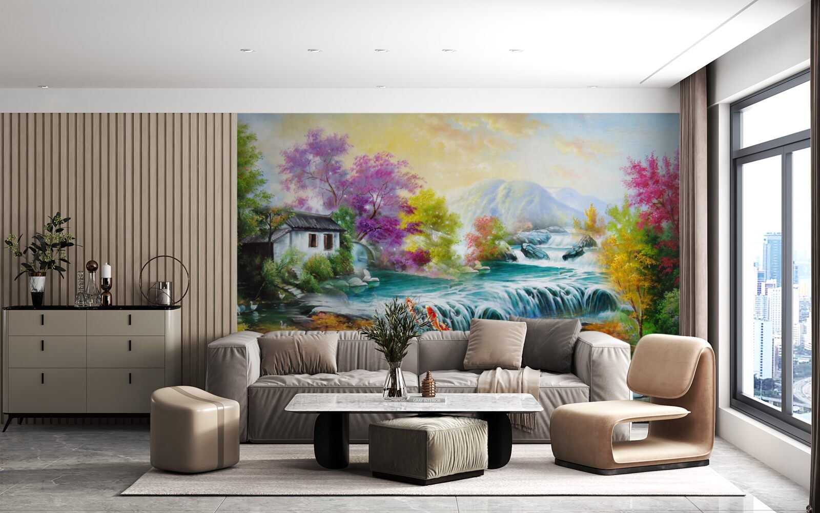 Fotobehang een waterval dondert door het huis in de herfst