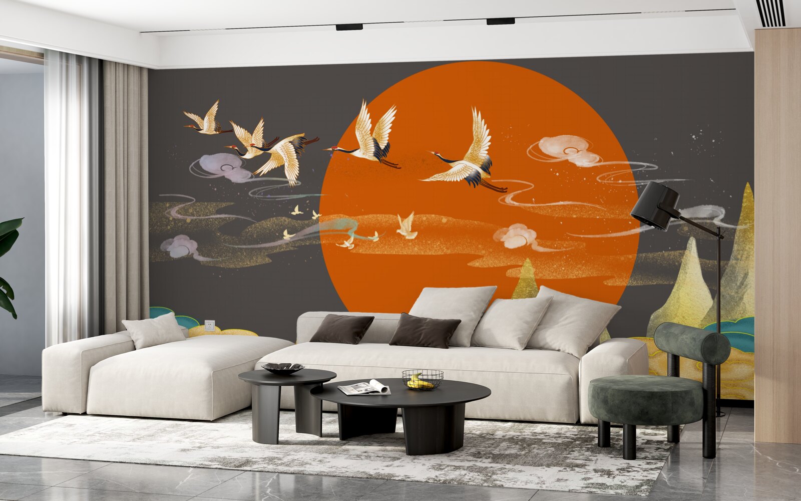 Fotobehang bergtoppen zijn getuige van het vertrek van kraanvogels uit hun huis